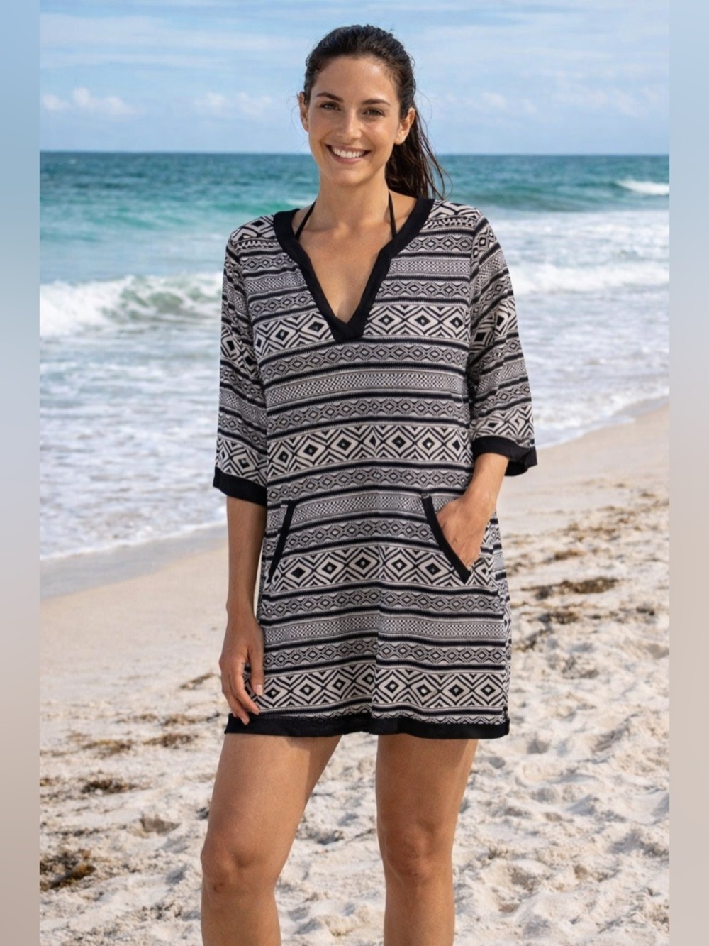 Black & White Patterned V-Neck Tunic with Front Pockets